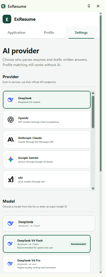 ExResume AI provider settings page